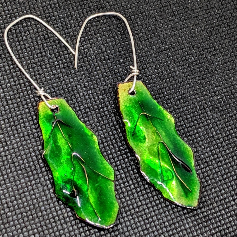 Handcrafted Enamel Green Leaf Dangle Earrings